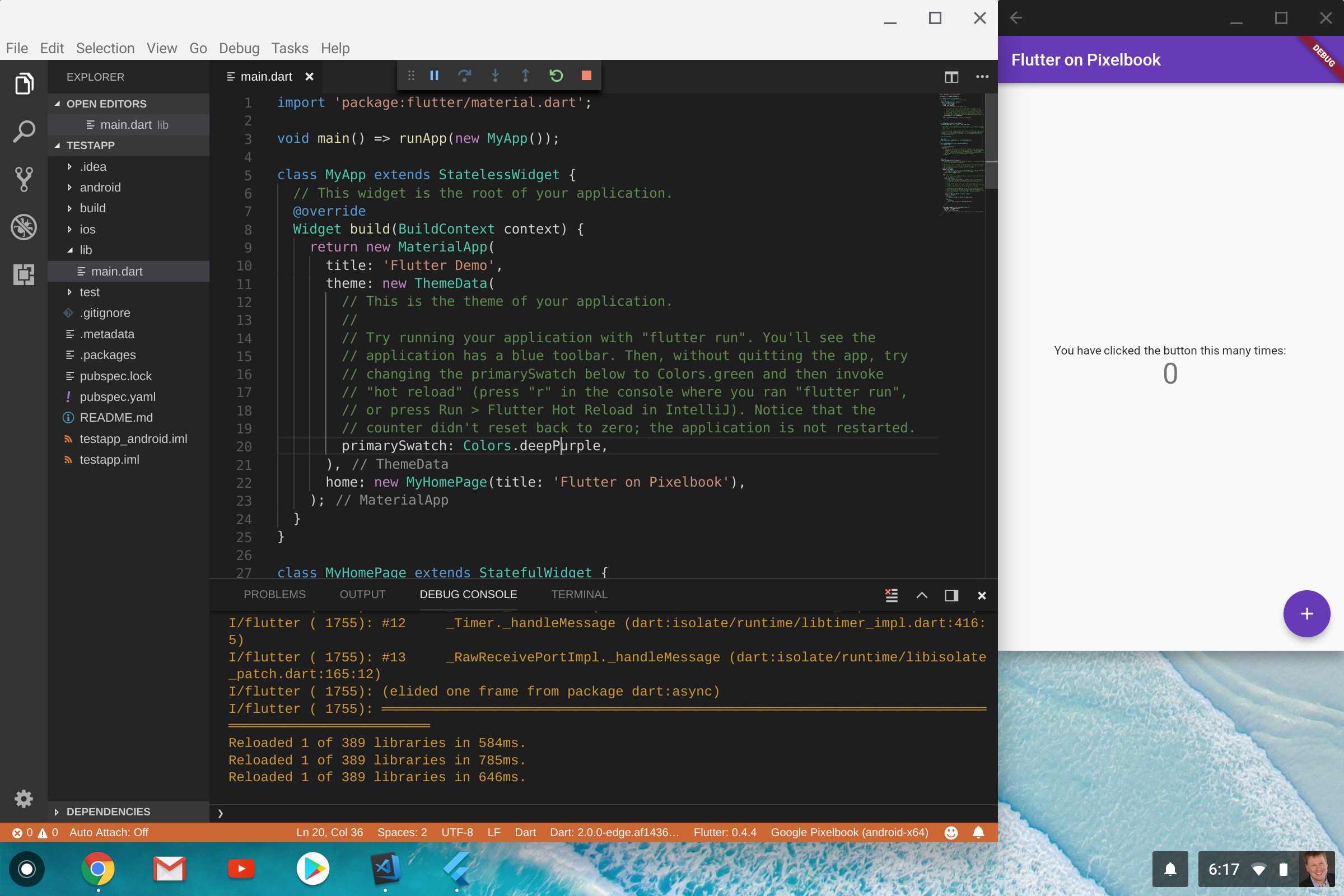 Flutter running locally on a Pixelbook, connected with hot reload to Visual Studio Code