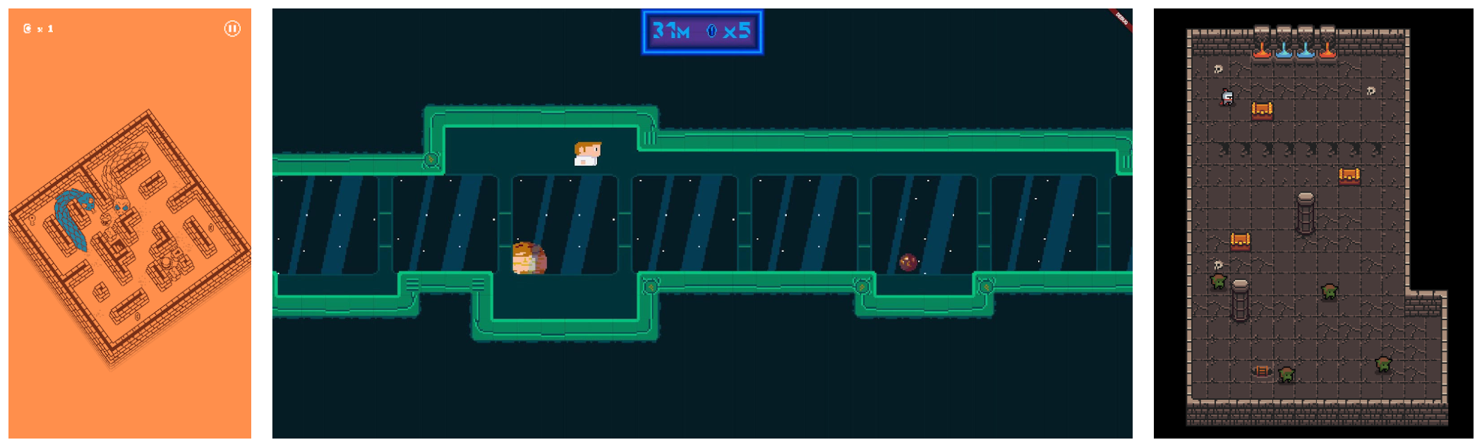 三款使用 Flame 构建的游戏示例：Tomb Toad、Gravity Runner 和 Bonfire