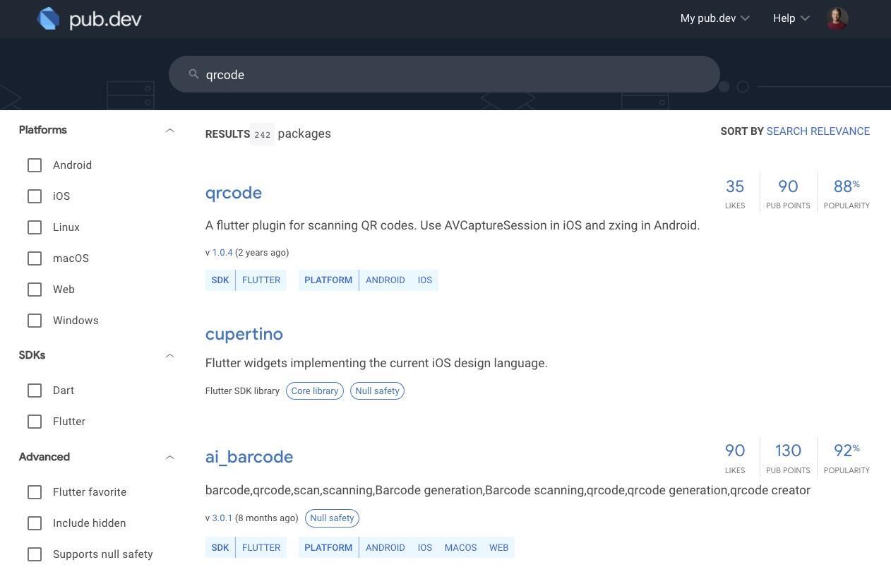 Pub.dev 的搜索界面，侧边栏包含 Platforms、SDKs 和高级选项